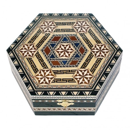 Hexagonal Taracea jewelry box with mirror